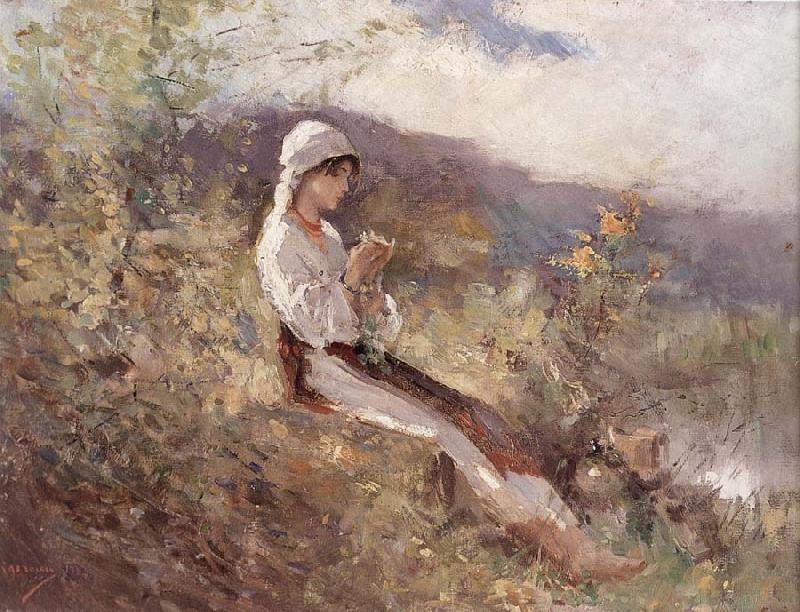 Nicolae Grigorescu Peasant Woman Sitting in the Grass oil painting picture